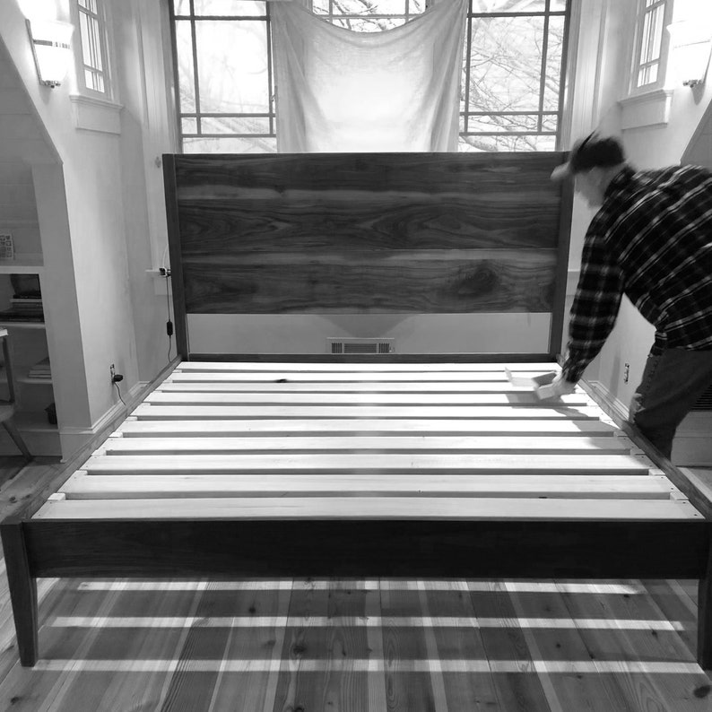 MID MOD XL Solid Walnut Platform Bed Frame w Straight 24 Headboard, Narrow Tapered Legs, with Legs & Rails Flush Across the Top image 2