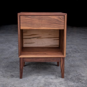 MITERED BOX NIGHTSTAND  |  5 & 10 Style  |  Walnut Hardwoods w/ Ambrosia Maple Back  |  Single Drawer  |  Tapered Legs  |  18"W x 14"D