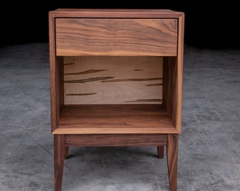 MITERED BOX NIGHTSTAND  |  5 & 10 Style  |  Walnut Hardwoods w/ Ambrosia Maple Back  |  Single Drawer  |  Tapered Legs  |  18"W x 14"D