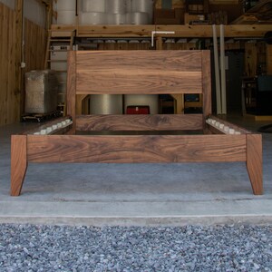 MID CENTURY MODERN Wide Leg Platform Bed Frame Solid Walnut Hardwoods Straight Headboard Slats Optional image 4