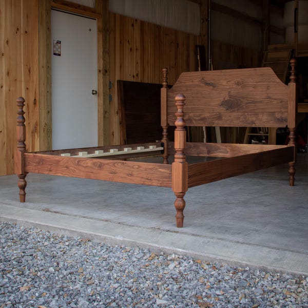 JESSICA WALNUT BED  |  Walnut Hardwood Bed Frame  |  Turned Legs With Mushroom Tops