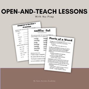 May include: Three educational worksheets with text, including "Chapter 6 Review + Practice," "suffix: -ful," and "Parts of a Word." The worksheets are white with black text, and the background is a light beige.