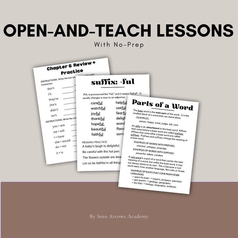 May include: Three educational worksheets with text, including "Chapter 6 Review + Practice," "suffix: -ful," and "Parts of a Word." The worksheets are white with black text, and the background is a light beige.