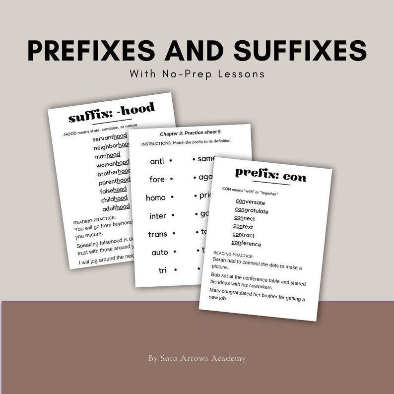May include: Educational materials for learning prefixes and suffixes. The image shows three white cards with text, including definitions and practice exercises. The title "PREFIXES AND SUFFIXES" is at the top.