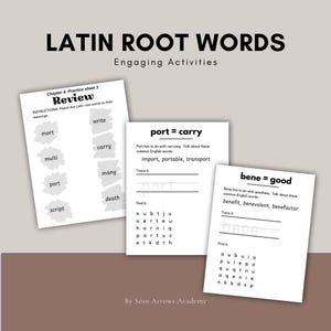 May include: Three white worksheets with Latin root word activities. The worksheets include the words "port", "carry", and "bene". The top of the image reads "Latin Root Words" and "Engaging Activities".