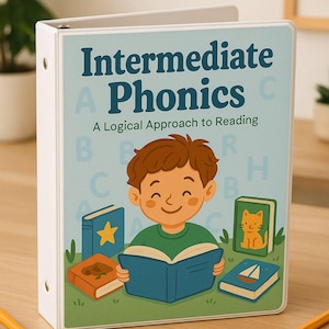 May include: A white binder with the title "Intermediate Phonics" and the subtitle "A Logical Approach to Reading." The cover features a cartoon illustration of a smiling child reading a book, with other books and a cat illustration.
