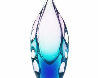 ヴィンテージ チェコ製アートガラス花瓶 | 手吹き ボヘミアン ティール コバルトブルー 花瓶