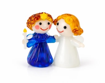 Vintage Hand-Blown Glass Angel Figurines, Blue White Pair, Spiritual Decor