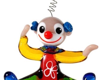 Figura de payaso de cristal vintage, cristal artístico bohemio, antena de bola amarilla