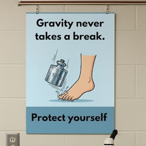 May include: Poster with the text "Gravity never takes a break." and "Protect yourself." An illustration shows a foot about to be struck by a falling 100g weight. The poster is light blue and dark blue.