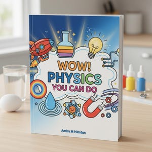 May include: A hardcover book titled "WOW! PHYSICS YOU CAN DO" with colorful illustrations of a rocket, lightbulb, and other science-related graphics. The cover has a blue and white gradient background and the author's name is Amira M Hmdan.