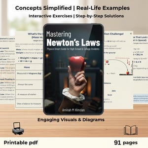 Puede incluir: Una portada de libro digital titulada "Mastering Newton's Laws" con una imagen de una mano sosteniendo una manzana roja. El libro es una guía de física para estudiantes de secundaria y universitarios. La imagen también incluye el texto: "Concepts Simplified | Real-Life Examples" y "Printable pdf".