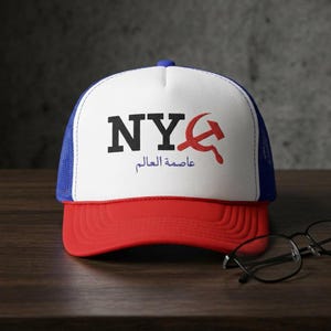 Puede incluir: Gorra de camionero roja, blanca y azul con las letras "NY" y un gráfico de martillo y hoz rojo. La gorra tiene un panel frontal blanco con el texto "NY" y texto árabe. La visera es roja y la parte trasera de malla es azul.