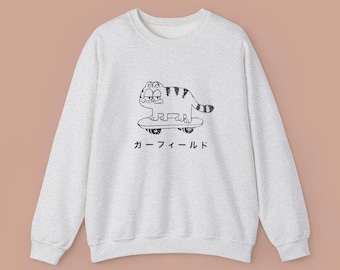 Sudadera con estampado de gato patinador / Top de ropa urbana de anime japonés retro de los 90