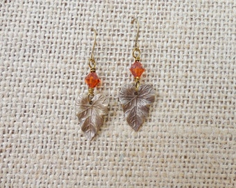 Aged Brass Leaf Earrings, Swarovski Crystal, Vintaj Boho Style