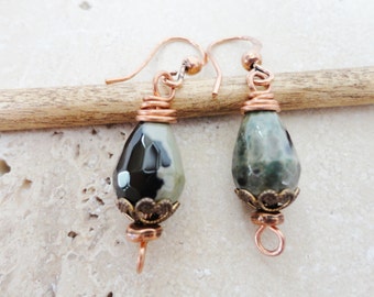 Moss Green Agate Teardrop Earrings, BOHO Style
