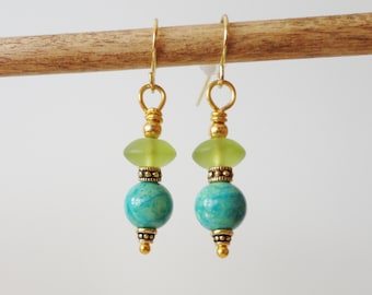 Aqua Jade Earrings, Green Sea Glass, Gold Plated Pewter Dangle