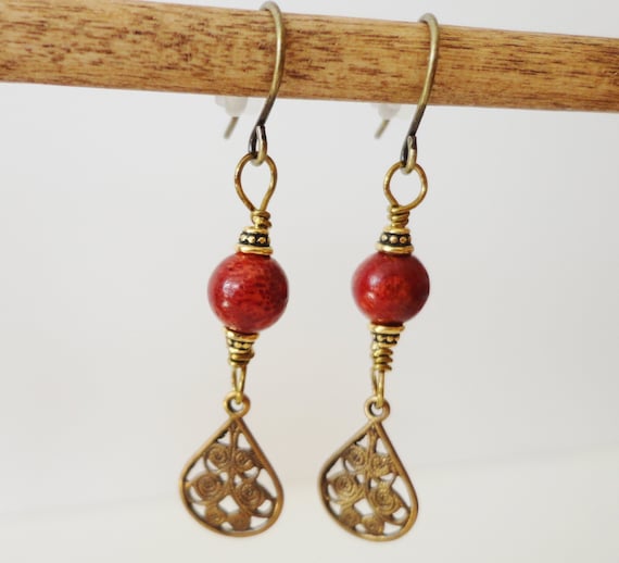 Red Coral Earrings, Aged Brass Teardrop, Boho Style