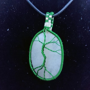 Handmade Tree of Life Pendant -  Quartz Crystal Necklace Wrapped in Green Wire - Healing Stone Jewelry, Boho Spiritual Gift for Her