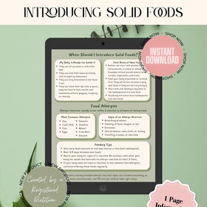 May include: Digital infographic titled "Introducing Solid Foods" with information on when to introduce solids, food allergies, and feeding tips. Includes text "Instant Download" and "PDF Digital Download for Easy and Instant Access!"
