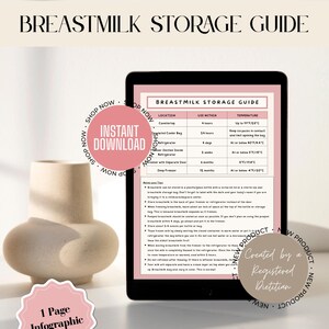 May include: A digital breastmilk storage guide displayed on a tablet. The guide includes information on storage location, use within timeframes, and temperature guidelines. Pink and beige accents are used throughout the design. The image also includes text that says "Instant Download".