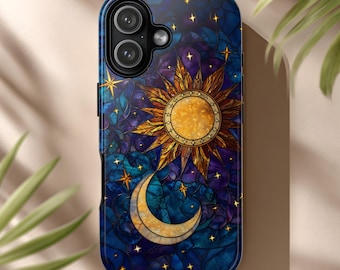 Stained Glass Phone Case Sun And Moon Celestial Nightscape With Stars for iPhone & Android