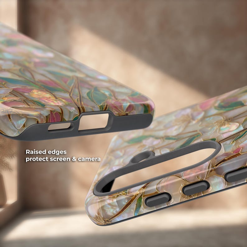 May include: A phone case featuring a pearlescent, multi-colored floral pattern with gold-toned veins and a dark gray interior frame. The case has raised edges to protect the screen and camera, as noted by the text: Raised edges protect screen & camera.