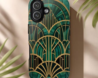 Art Deco Phone Case Emerald City Skyscraper Gold Geometric Fan Stained Glass Gatsby Design for iPhone & Android