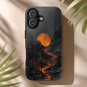 Lava River Phone Case Carved Wood Bas Relief Black Orange Gothic Landscape Moon Glow for iPhone & Android