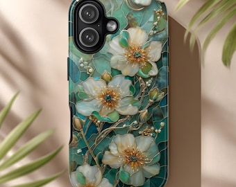 Stained Glass Phone Case Floral Emerald Mosaic White Anemones Art Nouveau for iPhone & Android