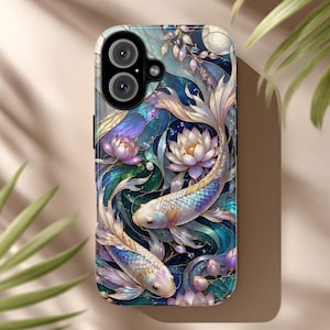 May include: A smartphone case featuring a vibrant, intricate illustration of two koi fish swimming among blooming lotus flowers. The design uses a palette of deep blues, teals, and soft purples, with shimmering gold accents highlighting the fish scales and petals.
