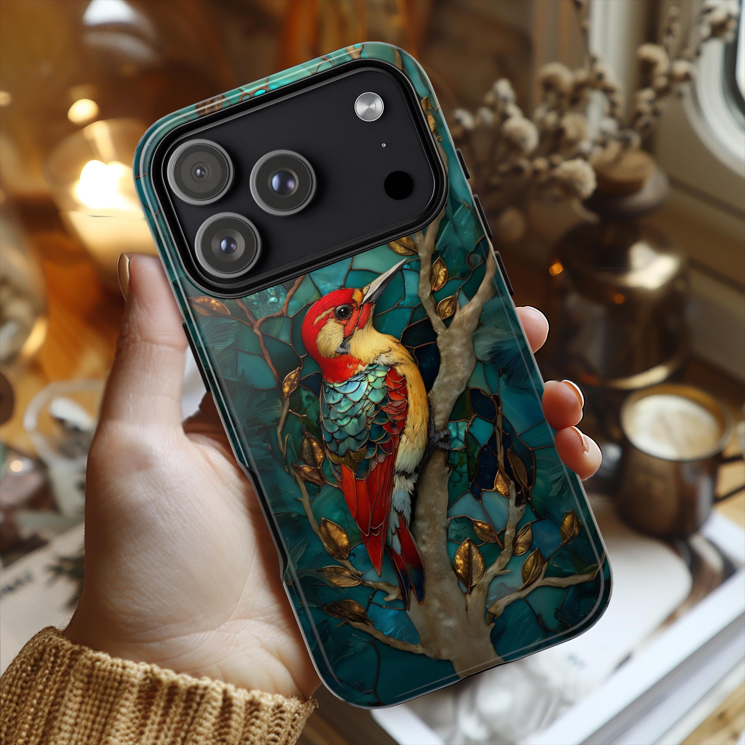 Tough Phone Case Stained Glass Woodpecker on Teal Glass Branch