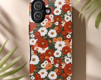 Floral Meadow Phone Case Cottagecore Red Poppies White Daisies On Deep Green Wildflower Pattern for iPhone & Android