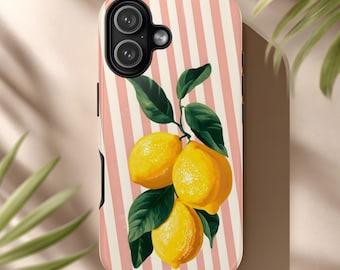 Phone Case Lemon Branch On Pink Stripes Vintage Botanical Citrus Art Summer Charm for iPhone & Android