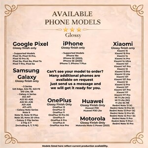 Informational compatibility chart displaying phone models available in both glossy and matte phone case finishes. The design lists supported Google Pixel series, iPhone models from legacy to latest generations, and Samsung Galaxy S series devices. Presented in a clean, elegant layout, this image helps customers identify whether their specific phone model is compatible with matte or glossy finishes, supporting confident purchasing decisions and improving clarity in phone case listings.