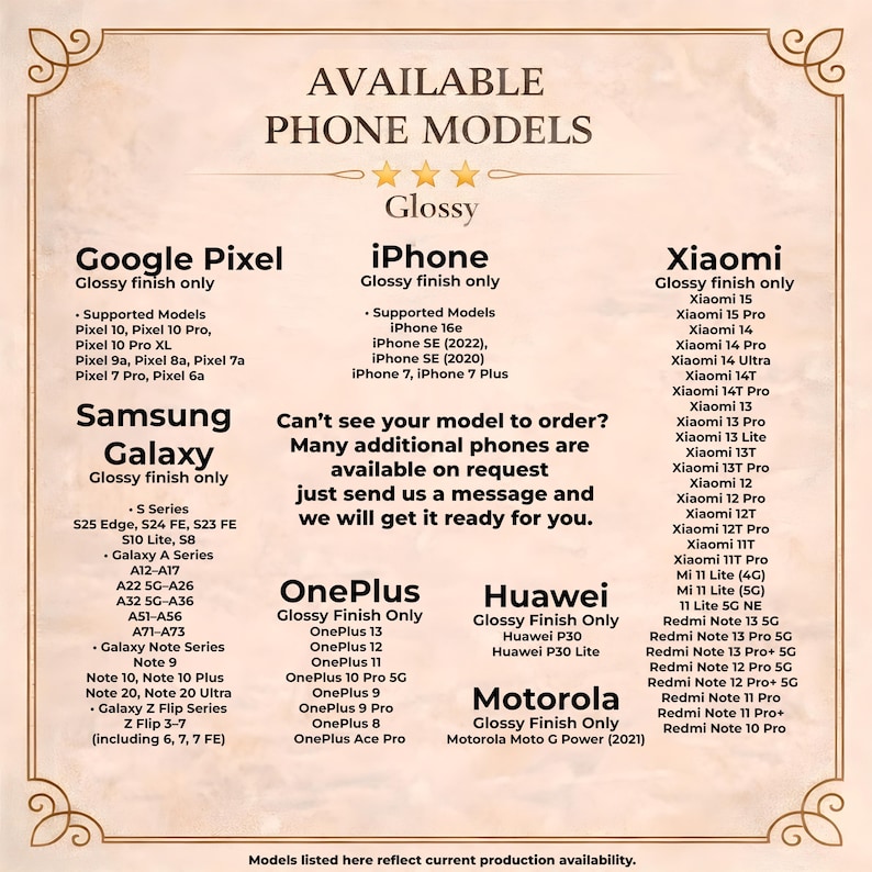 Informational compatibility chart displaying phone models available in both glossy and matte phone case finishes. The design lists supported Google Pixel series, iPhone models from legacy to latest generations, and Samsung Galaxy S series devices. Presented in a clean, elegant layout, this image helps customers identify whether their specific phone model is compatible with matte or glossy finishes, supporting confident purchasing decisions and improving clarity in phone case listings.
