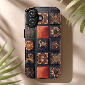 Vintage Leather Patchwork Phone Case in Navy and Copper with Tooled Floral Stitched Medallions for iPhone & Android