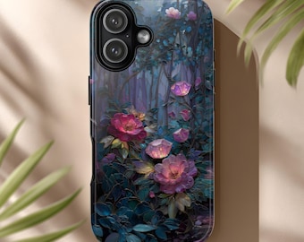 May include: A phone case featuring a floral design with pink and purple roses, set against a backdrop of a forest scene. The case has a glossy finish and a dark blue and purple color scheme.