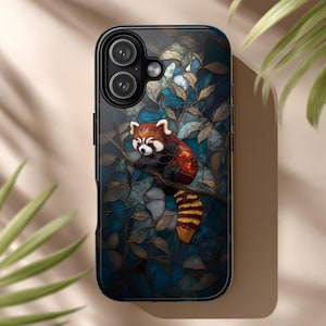 May include: A phone case featuring a red panda design. The case has a black border and a colorful illustration of a red panda perched on a branch, surrounded by leaves. The background is a mosaic of blue and gold.