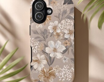 Phone Case Neutral Floral Garden On Taupe Background Cream White Beige Botanical Illustration Art for iPhone & Android