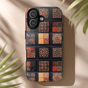 Tooled Leather Phone Case Patchwork Stitched Tiles Dark Navy Copper Tan Ornate Floral Medallions for iPhone & Android