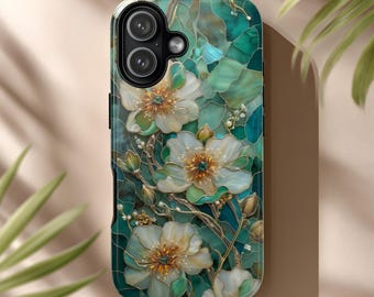 Stained Glass Floral Phone Case, Luminous Emerald Art Nouveau Vine for iPhone & Android
