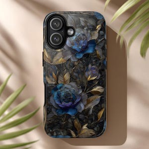 May include: A phone case with a floral pattern of blue roses and gold leaves on a dark backdrop. The case has a glossy finish and is designed to protect the phone. Suitable for various phone models.
