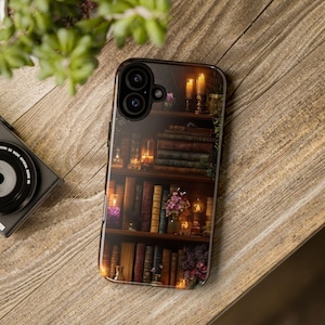 Dark Academia Phone Case, Cozy Bookcase Art, Magical Library Cover