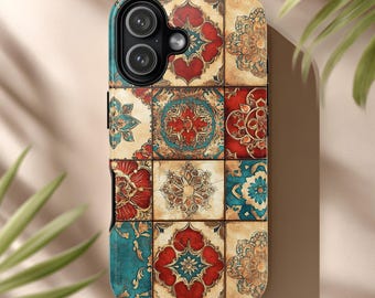 Tile Phone Case Teal And Red Mediterranean Patchwork Boho Ornate Vintage Pattern Art for iPhone & Android