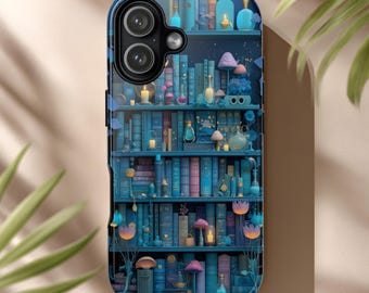 Bookshelf Phone Case Enchanted Blue Candles Potions and Glowing Mushrooms for iPhone & Android