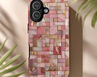 Marble Mosaic Phone Case Pink Tile Pattern Gold Accents Glossy Luxe Modern Style for iPhone & Android