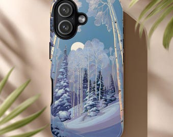 May include: A phone case featuring a winter landscape design. The case has a blue background with a snowy forest scene, including tall trees and a bright moon. The case is designed to fit a smartphone.