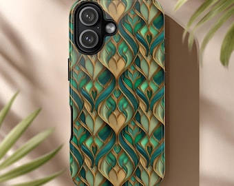 Emerald Phone Case Art Nouveau Green and Gold Stained Glass Pattern for iPhone & Android