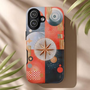 May include: A smartphone case with an abstract design. The case features a geometric pattern with a compass rose, celestial bodies, and a checkerboard pattern. The color palette includes red, orange, blue, and gray.